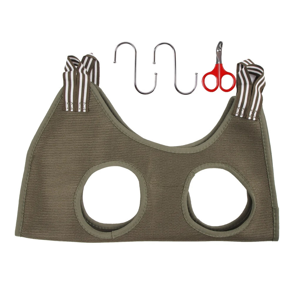 Olive green cat grooming hammock with hanging hooks and nail clipper